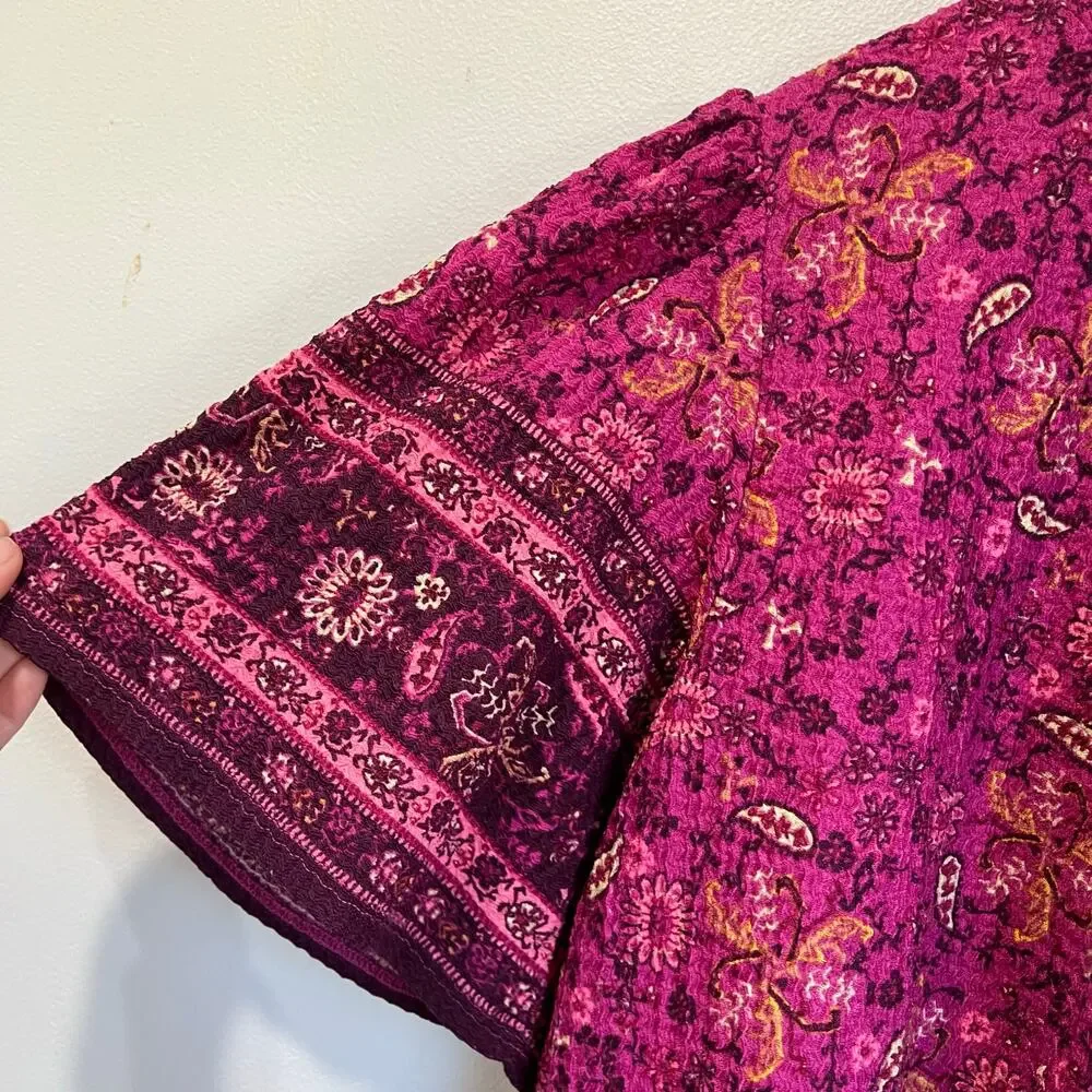 LOFT Floral Print Puff Sleeve Blouse Boho Chic Pink Purple Top Size Large